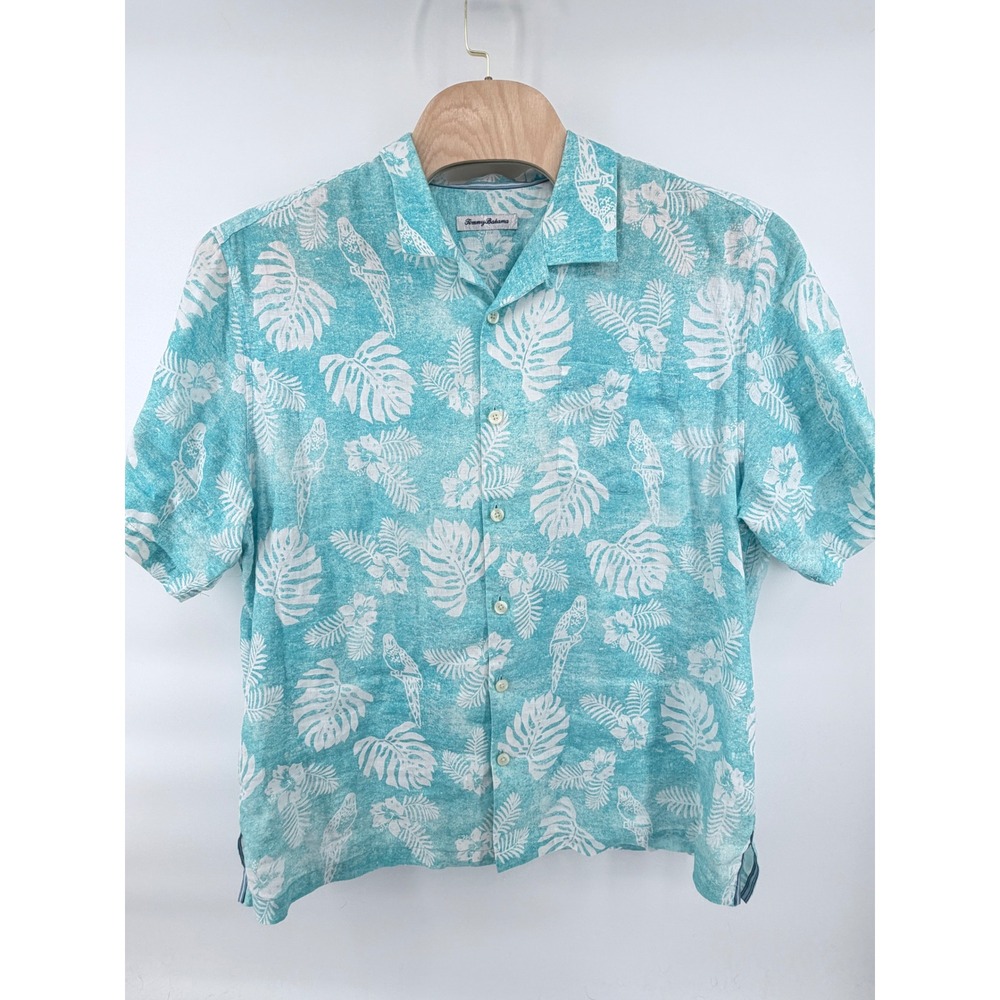 Tommy Bahama Shirt Mens 1XLB Aqua Blue Parrot Tropical Floral 100% Linen Camp